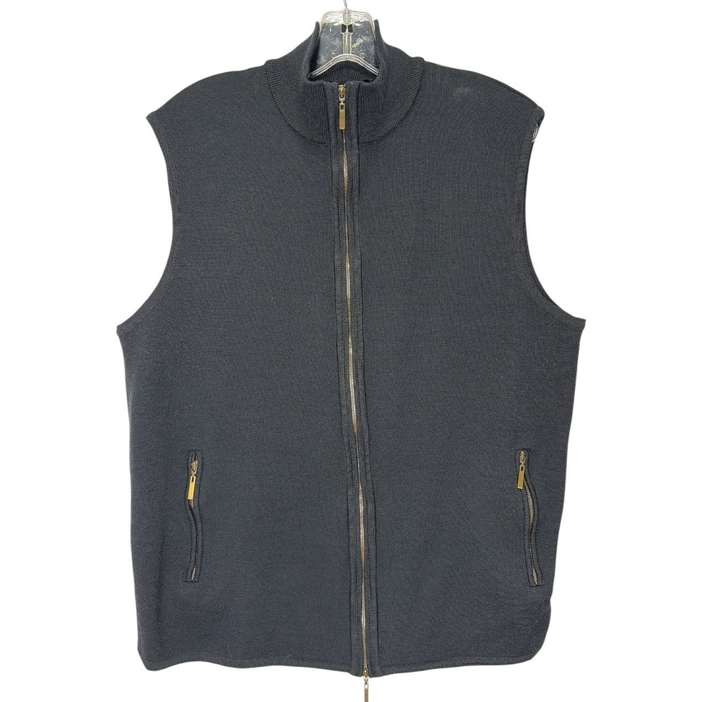 St. Croix Mens XL Black Wool Blend Full Zip Knit Sweater Vest Gold Hardware